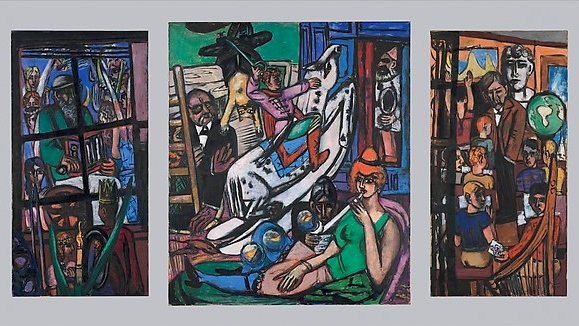 Max Beckmann (German, Leipzig 1884–1950 New York) Beginning, 1949 Oil on canvas; Overall: 69 x 125 1/2 in. (175.3 x 318.8 cm); left (a): 65 × 33 1/2 in. (165.1 × 85.1 cm); center (b): 69 × 59 in. (175.3 × 149.9 cm); right (c): 65 × 33 1/2 in. (165.1 × 85.1 cm) The Metropolitan Museum of Art, New York, Bequest of Miss Adelaide Milton de Groot (1876-1967), 1967 (67.187.53a-c) http://www.metmuseum.org/Collections/search-the-collections/489625